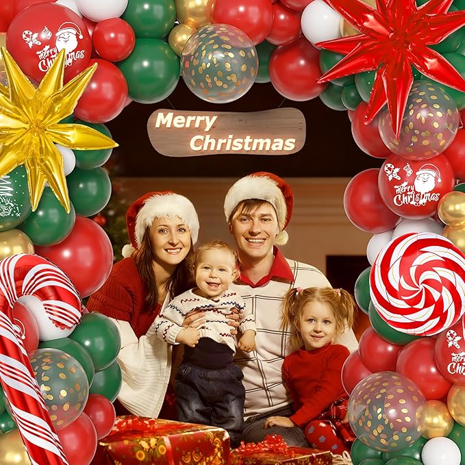 Ouddy Life Christmas Balloon Garland Arch Kit, 174 pcs Red Green White Metallic Gold Balloons Candy Cane Gift Box Star Foil Balloons for Christmas Party Decorations Xmas Baby Shower New Year Decor
