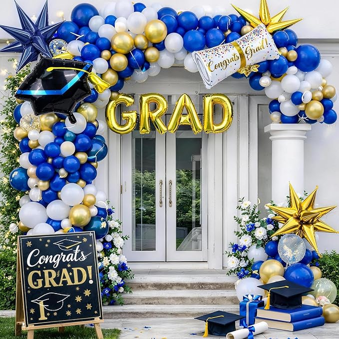 Blue Graduation Balloons Garland Arch Kit, 113 PCS Blue Gold White Graduation Star Print Cap Certificate Grad Foil Balloons with Gold Explosion Star Balloon for Graduate Class of 2026 Prom Party Decor