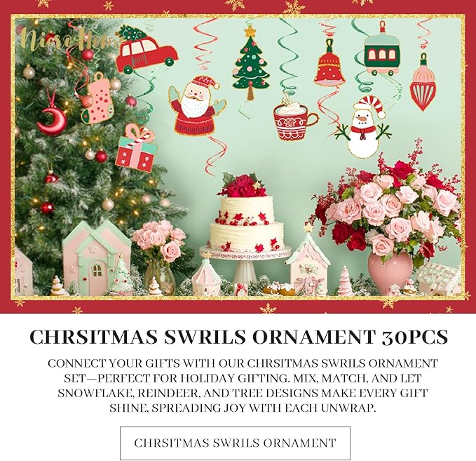 Christmas Decorations, 30 PCS Hanging Swirls Ceiling Decorations with Santa Claus, Snowman, Christmas Tree and Stocking Elements for Xmas Holiday Party Supplies