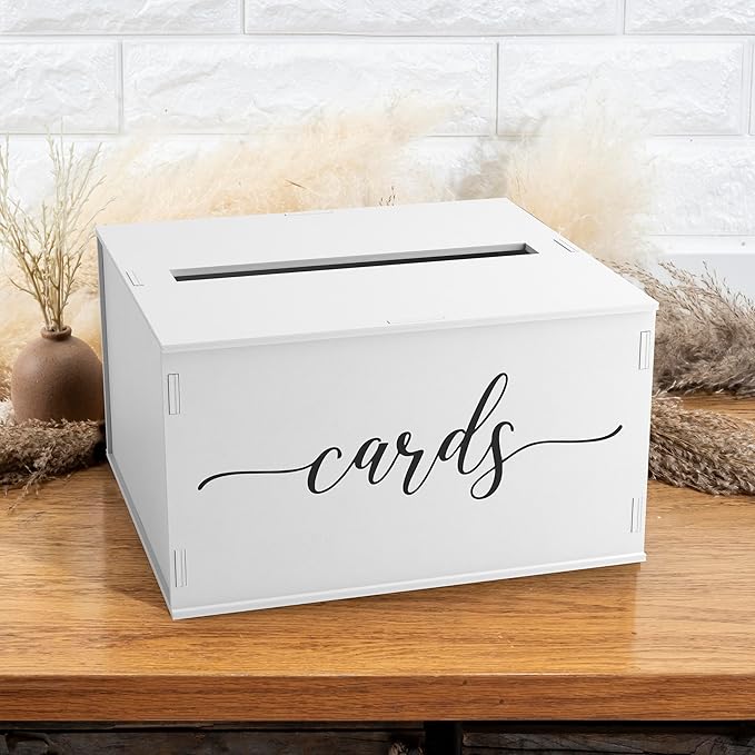 Heather & Willow Wooden Wedding Card Box with Slot - Rustic Decorations for Reception, Gifts & Money - White Lid for Baby Shower, Bridal Shower, Graduation