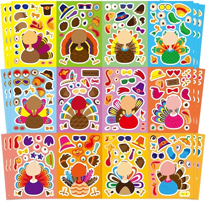 Make A Turkey Stickers, 36 Sheets Make Your Own Turkey Stickers Thanksgiving Stickers for Kids Classroom Reward, Autumn Stickers Fall Theme Party Favor Thanksgiving Crafts for Kids,12 Desgins