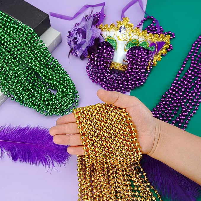SHAOQINLIN 144 PCS Mardi Gras Beads Necklaces, 33'' Metallic Gold Green Purple Bead Necklace Mardi Gras Accessories Throw Beads in Bulk for Mardi Gras, Christmas, Party Favors
