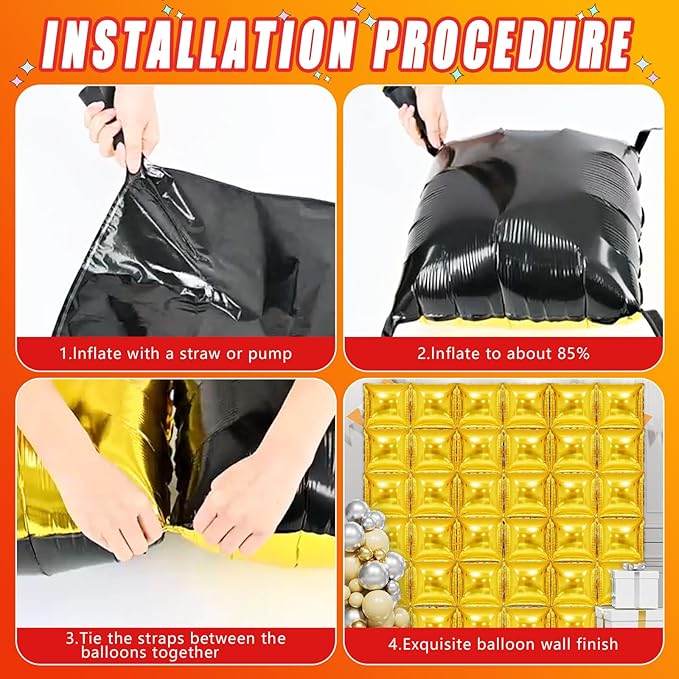 36 Piece XL Golden Square Foil Balloon Wall Screen Double Sided Square Balloon Screen Tunnel Arch Kit Mylar Square Balloons For Baby Shower Graduation Prom Birthday Party Decorations (Golden)