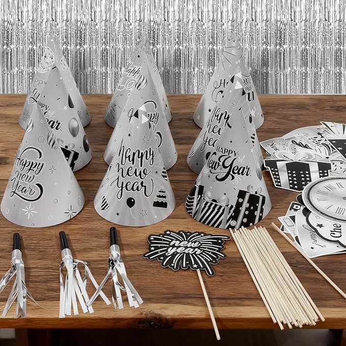 73pcs Black Silver New Years Eve Party supplies Including New Years Hats Happy New Year banner Photo Props Fringe Curtain Backdrop Noisemaker Balloons for New Year's Eve Party NYE Decorations 2026
