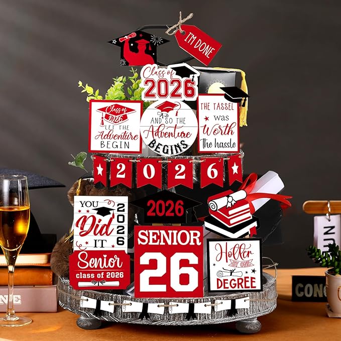 22 Pcs 2026 Graduation Tiered Tray Decor Sets Wooden Graduation Class of 2026 Table Decorations Senior 2026 Gown Diploma Farmhouse Signs for Home Shelf Party Office Desk(Red)