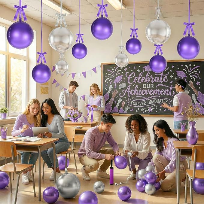 Togvu Purple Silver Round Foil Balloons, 16PCS Different Sizes 4D Metallic Balloon Large Sphere Mirror Ball Balloons for Prom Graduation New Year Birthday Party Ceiling Decorations Supplies