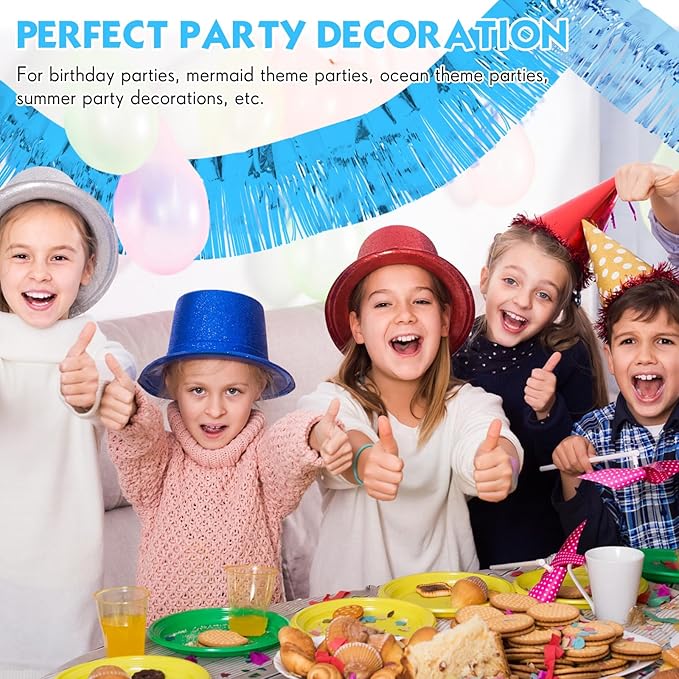 WILLBOND 4 Packs 40 Feet Fringe Garland Foil Fringe Garland Metallic Tinsel Foil St. Patrick's Day Hanging Banner for Wedding Birthday Parties Holiday Decorations Graduation(Light Blue, Lake Blue)
