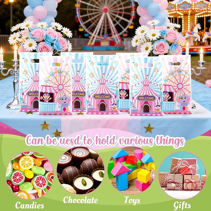 Circus Carnival Party Favor Bag 50Pcs Pink Circus Goody Candy Treat Gifts Bags, Pink Carnival Theme Party Decorations for Kids Birthday Baby Shower New Year Gathering Events Supplies