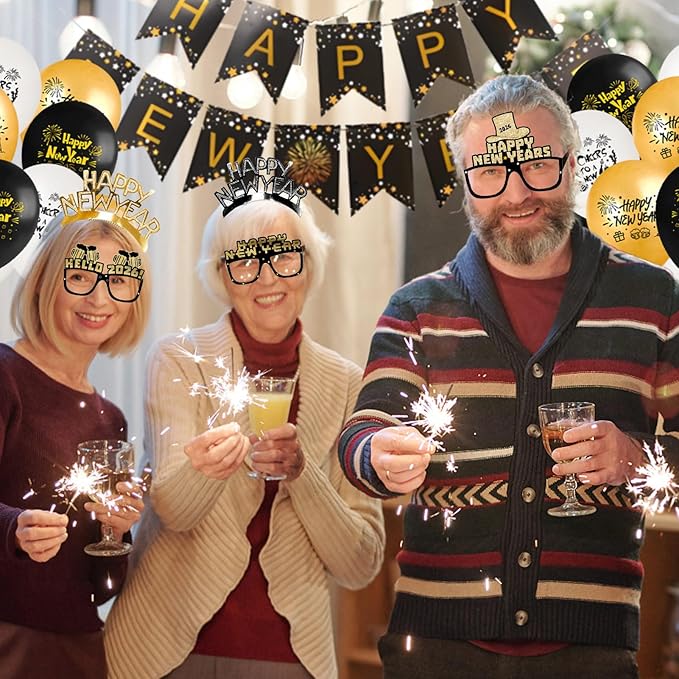 Happy New Year Party Decorations Supplies 2026- Hats, Banner, Glasses, Foil Balloon and Fringe Curtains, New Years Eve Black and Gold Party Decorations