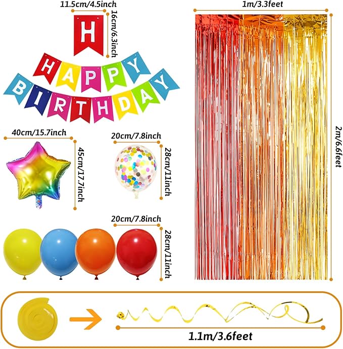 Multicolored Rainbow Birthday Party Decorations Pack with Banner, Balloons, Confetti, Fringe Curtain, Heart Star Foil Balloons, Hanging Swirls