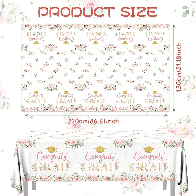 3Pack Graduation Tablecloth,Graduation Party Decorations Pink Gold Floral Congrats Grad Table Cover Plastic Rectangle Table Cloths for Class of 2026 High School College Graduates Party Supplies