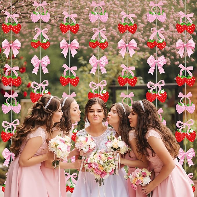 Xinnun Pink Bow Strawberry Party Decorations Pink Bow Hanging Banners Berry Sweet Banner Decor Bowknot Theme Streamer for Summer Birthday Bridal Engagement Bachelorette Wedding Party Decor(Strawberry)