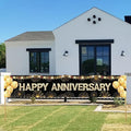 Happy Anniversary Party Backdrop Banner Black Gold Balloons Fireworks Theme Decor for Wedding Anniversary Party Supplies Yard Sign Background Indoor and Outdoor Party Decorations Gift