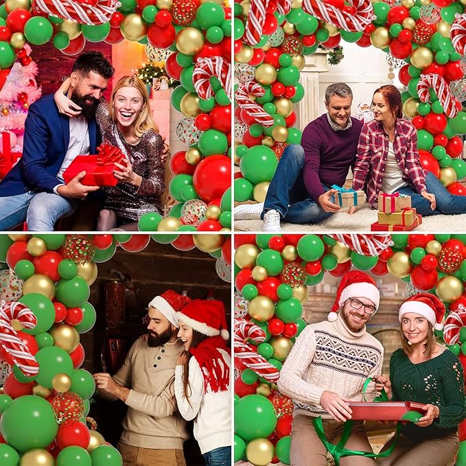 Christmas Balloons Garland Arch Kit, 116 Pcs Gold Red Green Confetti Balloons with Candy Cane Foil Balloon for Christmas Party Decorations Birthday Xmas Party Supplies