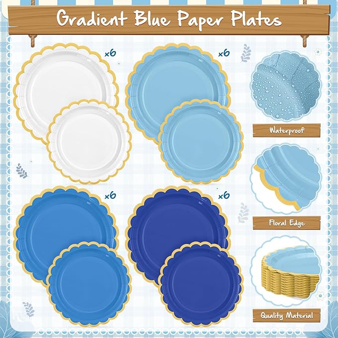 Mimorou 169 Pcs Blue Plates and Napkins Party Supplies for Guests Blue Tableware Include Scalloped Plates Paper Napkin Cup Spoon Fork Knife for Baby Shower, Wedding, Birthday