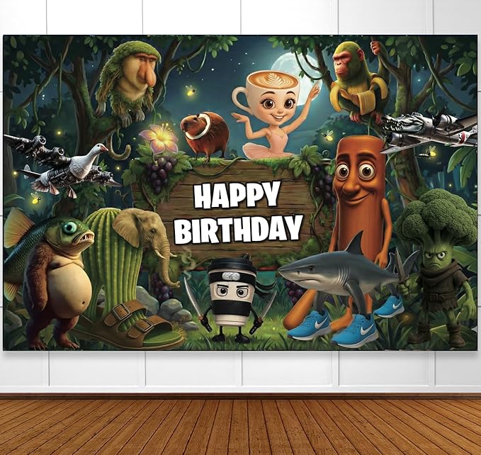 IndoTribe Italian Brainrot Birthday Decorations 6x4ft Italian Brainrot Happy Birthday Backdrop Jungle Theme Italian Brainrot Birthday Party Decorations Italian Themed Happy Birthday Banner for Boys
