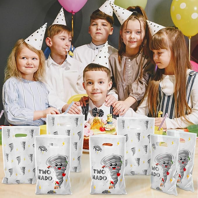 Two Nado Party Favor Bags - 50Pcs Gray Tornado Patterns Goody Candy Treat Bags for Kid, Cute Two Nado Theme Plastic 2nd Birthday Party Favor Supplies Decorations for Baby Boys Girls Baby Shower