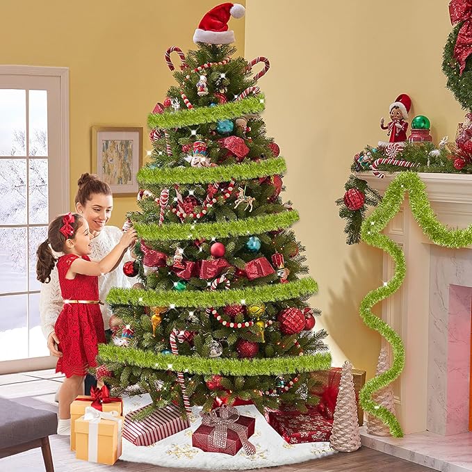 50 Feet Christmas Tinsel Garland, Metallic Twist Garland Wall Hanging Tinsel Garland Backdrop for Parade Floats, Carnival, Birthday, Wedding, New Year Party Decorations (Light Green, 2in x 50ft)