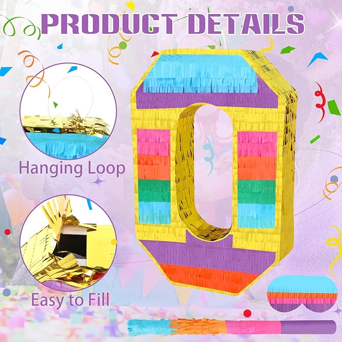 Rainbow Number 0 Pinata Birthday Decorations for Kids, Rainbow Pinata with Bat Stick Blindfold for Boys Girls Birthday Celebrations Baby Shower Party Supplies (16.1x10.6x2.9 Inches)