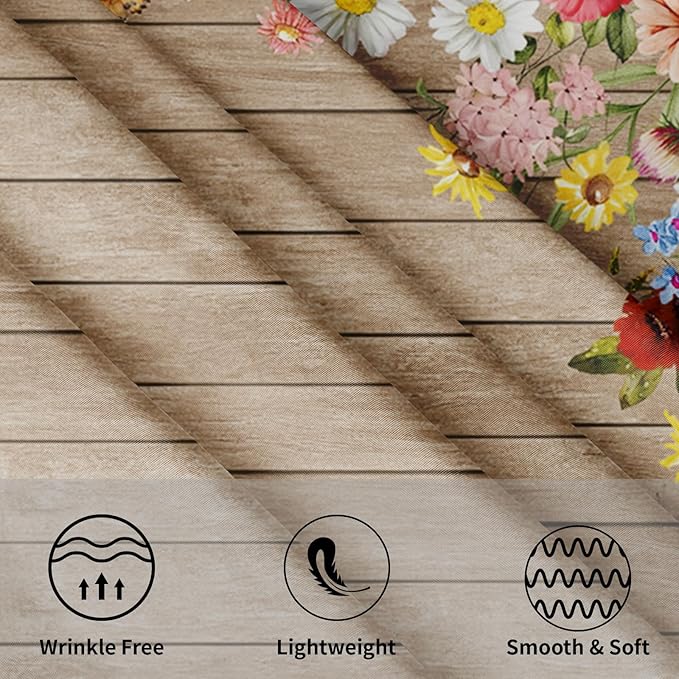 Spring Summer Round Tablecloth 60 Inch Vintage Floral Brown Wood Circle Table Cloth Farmhouse Table Cover Washable Polyester Indoor Decorations for Home Kitchen Dinning Party