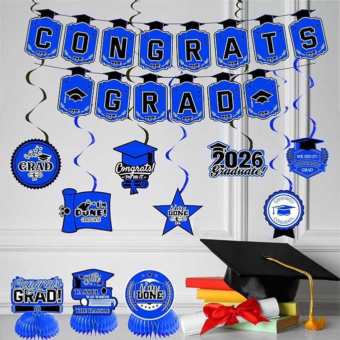 Graduation Decorations 2026 Blue Themed Set - Congrats Grad Banner, Class of 2026 Backdrop, Balloons & Streamers Kit - Complete Party Supplies for High School & College Celebrations