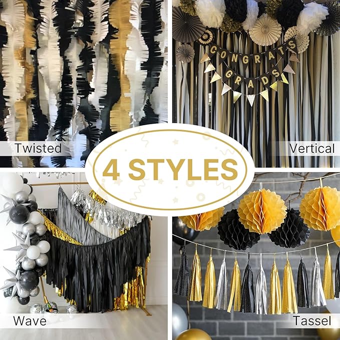 PartyWoo Crepe Paper Streamers 4 Rolls 328ft, Pack of Crepe Paper Pearl Gold Party Streamers, Crepe Paper for Birthday Decorations, Party Decorations, Baby Shower Decorations (1.8 in x 82 Ft/Roll)