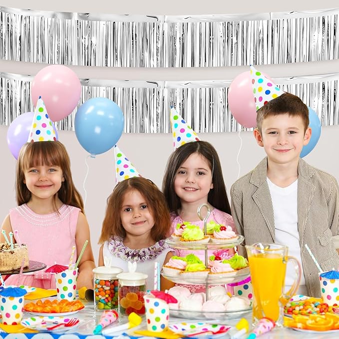 4 Packs Foil Fringe Garland Tinsel Streamers Shiny Wall Hanging Birthday Banner Backdrop for Graduation Wedding Anniversary Celebration Happy Birthday Party Decorations Silver