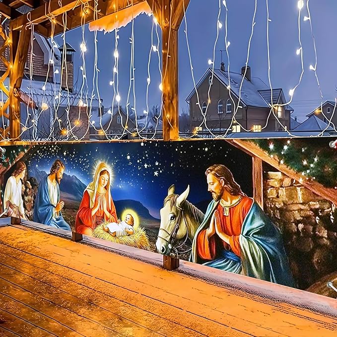 Nativity Scene Decorations Banner Polyester Fabric Holy Family Manger Design for Indoor Outdoor Garden Fence Banner Party Outdoor Porch sign 118x20 Inch Supplies Banners