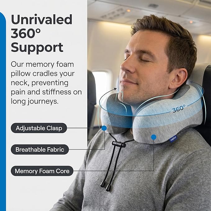 Must-Have Travel Kit Memory Foam Neck Pillow with Adjustable Fit & Removable Cover, 100% Light-Blocking Eye Mask, Reusable Noise-Reducing Earplugs, & Storage Bag Perfect Travel Essentials Set