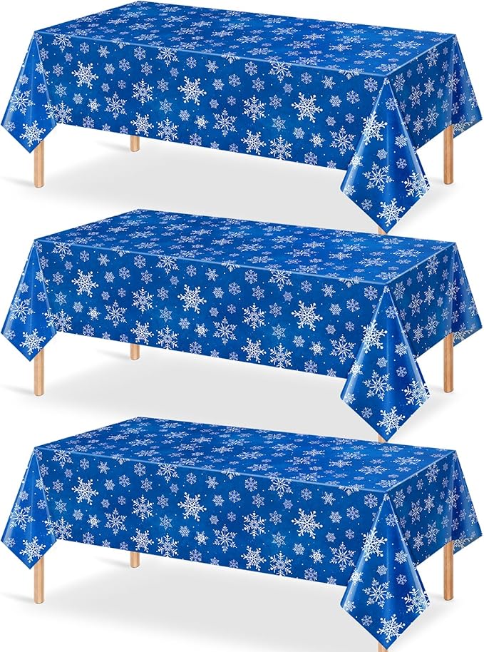 Jectivs 3 Pieces Christmas Snowflake Plastic Party Tablecloth Decorations,White Snowflake Blue Xmas Backdrop Sign Table Cover Banner for Winter Christmas Holiday Party Supplies,54x108 inch (Blue)
