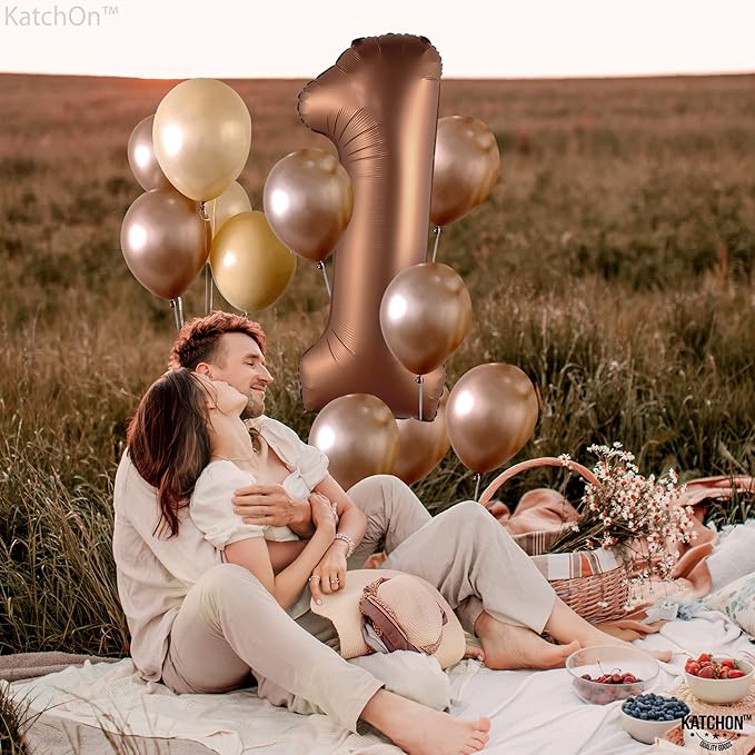 KatchOn, Brown 1 Balloon Number - 40 Inch, Helium Supported | Foil Brown One Balloon for Safari brown Birthday Decorations | One Happy Camper Balloons | Anniversary Decorations