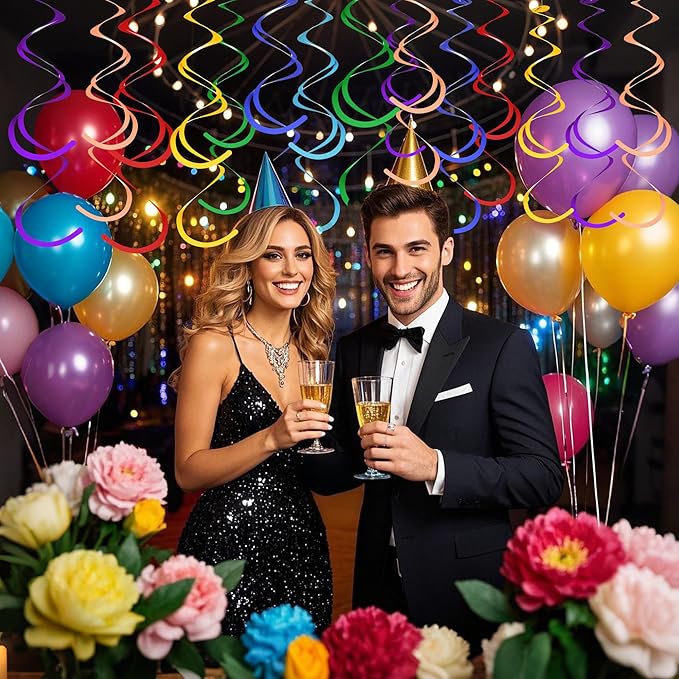 Colorful Ceiling Swirl Foil Decorations Hanging Plastic Streamer Themed Swirl Party Decoration for Wedding Thanksgiving Day Graduation Celebration, Pack of 28 (Multicolor 15)