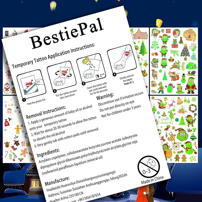 Christmas Party Favors for Kids - 128PCS Luminous Christmas Tattoos Glow in the Dark Goodie Bag Stocking Stuffers, Xmas Temporary Tattoos Party Supplies Decorations for Kids | 4 Sheets (6 x 8.2 inch)