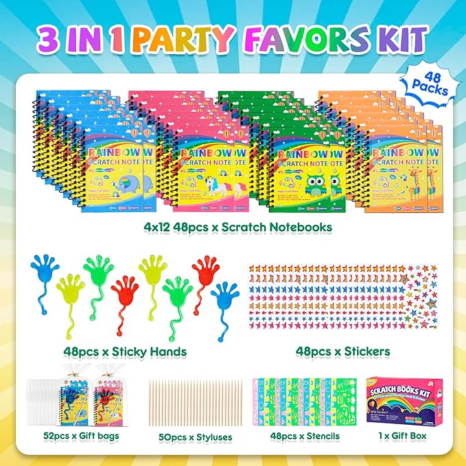 48*3 Packs Scratch Art Notebook+Sticky Hands+Stickers,Easter Party Favors for Kids 4-8-12,Return Gifts for Birthday Party Bulk Toys,Goodie Bags Stuffers, Classroom Prizes Students Gifts