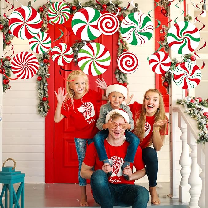 Funrous 54 Pcs Christmas Peppermint Candy Hanging Decorations Christmas Candies Ceiling Hanging Swirls Xmas Party Ceiling Whirl Streamers for Xmas Holiday Party Decor(Red White Green)