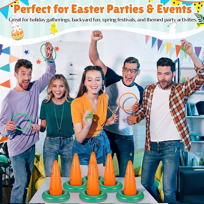 Easter Carrots Inflatable Ring Toss Game for Adults Family, Indoor Outdoor Party Easter Game Party Decorations Cute Fun with 6 Cones 12 Rings 12 Bean Bags 1 Air Pump