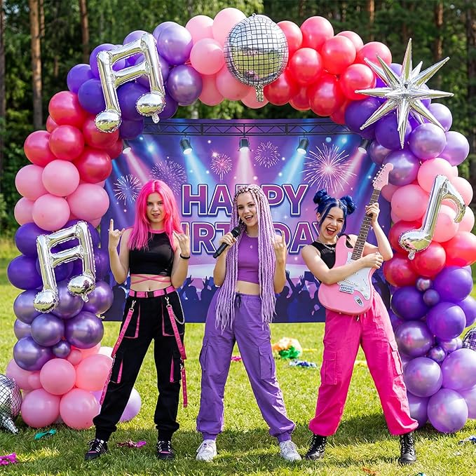 Sumind 144 Pcs K pop Party Decorations with Pink Purple Metallic Music Balloon Garland Arch Kit, K Pop Music Themed Birthday Decoration for Fans Themed Birthday Concert Stage Backdrop Party Decor