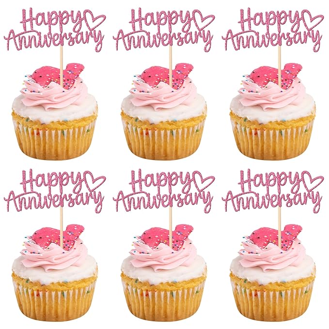 24 PCS Happy Anniversary Cupcake Toppers Glitter Wedding Anniversary Cupcake Picks Anniversary Theme Cupcake Decorations Baby Shower Birthday Wedding Anniversary Party Cake Decorations Supplies Pink