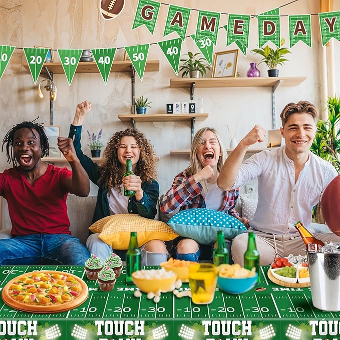3 Pack Plastic Football Tablecloth, Superbowl Party Decorations 54 x 108 Inch Plastic Table Cloth for Rectangle Tables Disposable Touchdown Table Cover for Football Theme Party Games Decor