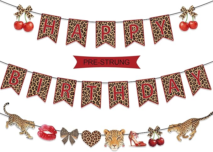 Cheetah Print Birthday Decorations, Cheetah Cherry Happy Birthday Banner Leopard Print Birthday Decorations for Girls Women, Red