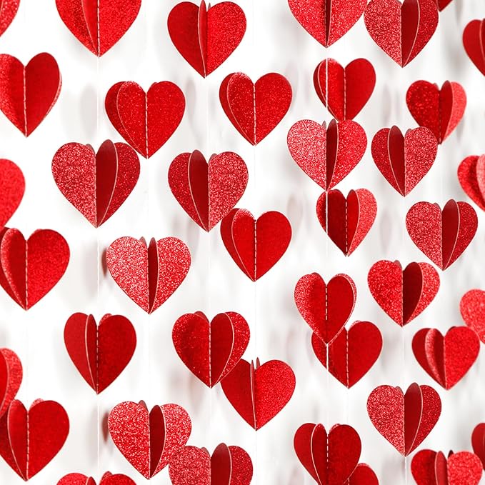 Valentines Day Party-Decorations Red Heart Garland - 39Ft 3D Special Night Galentines Hanging Paper Streamers Banner,Baby Girl Birthday Bachelorette Engagement Mohters Brunch Decor Ouruola