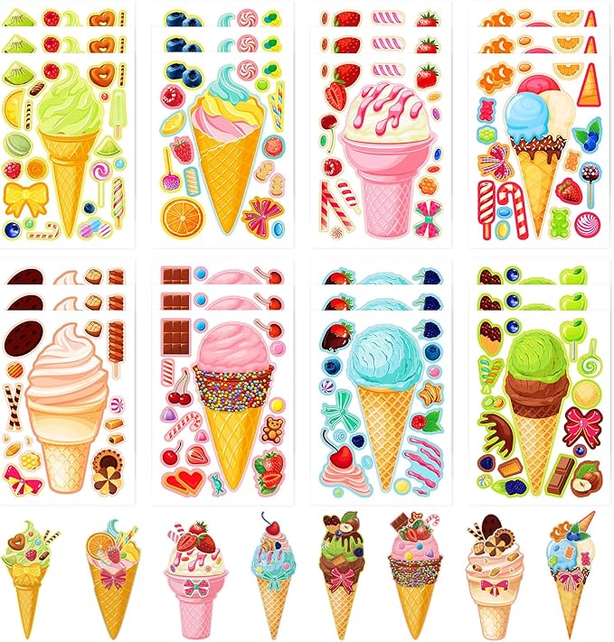 24 Sheets Ice Cream Make a Face Sticker Sheets for Kids Todders Activities, Make Your Own Stickers for Kids Birthday Party Favor Supplies Craft