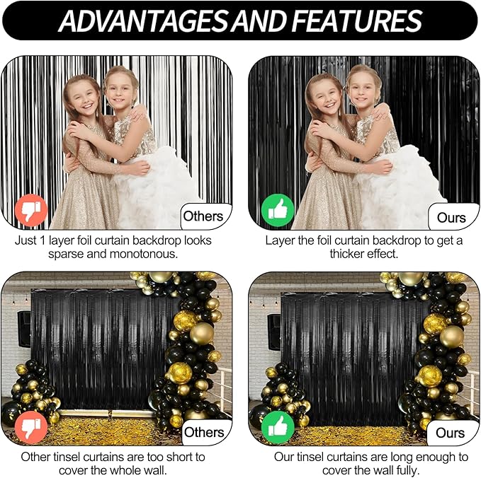 2 Pack Black Foil Fringe Curtains Streamers Party Decorations 3.3 x 8.2 ft, Black Tinsel Curtain Fringe Backdrop for Parties, Door Fringe Birthday Streamers, Photo Booth Backdrops, Party Decor