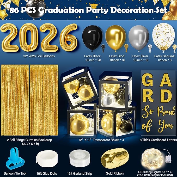 Graduation Party Decoration Class of 2026, 86PCS Black & Gold Graduation Party Supplies High School College Grad Balloon Boxes with Letter, Foil Curtains, LED String Light, Balloon Garland Kit