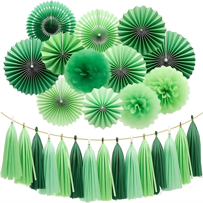 Green Paper Tassel Garland Banner - Tri-Color Handmade Tassels for Party Decorations, Wedding Backdrop, DIY Crafts (30-Pack)
