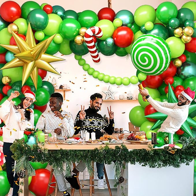 Christmas Balloon Garland Kit 143 Pcs Lime Green Dark Green Red Gold Balloons Arch with Candy Canes Foil Balloon Explosion Star Balloons for Xmas Ugly Sweater Friendsmas Birthday Party Decor