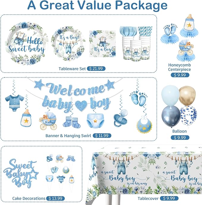 cocomigo 363PCS Blue Baby Boy Shower Decorations Tableware Set, 50 Serves Disposable Plates and Napkins Set, with Cake Topper, Centerpieces, Banner, Tablecloth, for Baby Boy Baby Shower Decorations