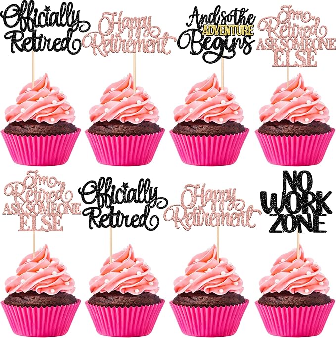 30 PCS Happy Retirement Cupcake Toppers Officially Retired Cupcake Picks No Work Zone Adventure Begins Cake Decorations for Retirement Theme Farewell Birthday Party Supplies Black Rose Gold