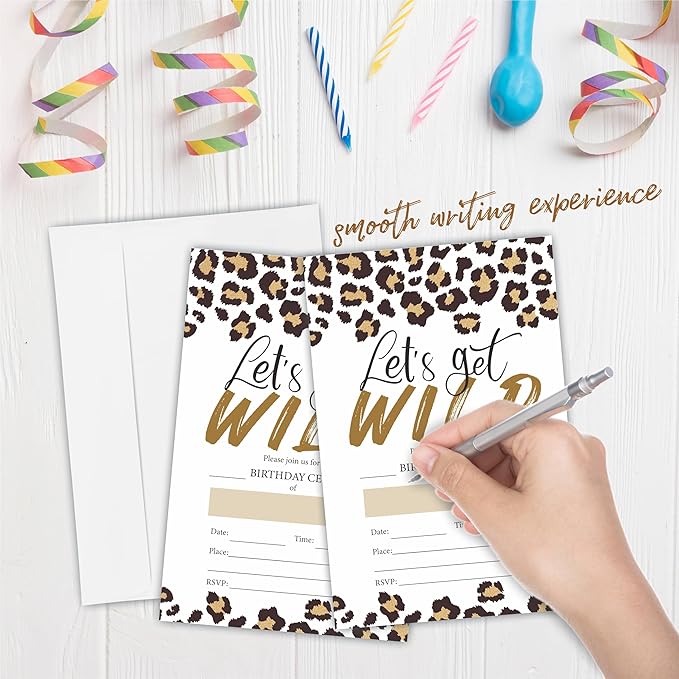 Let's Get Wild Birthday Invitation(4"X 6"), Leopard Print Double-Sided Invites, 20 Birthday Invitations With Envelopes, Party Decoration & Supplies - A15