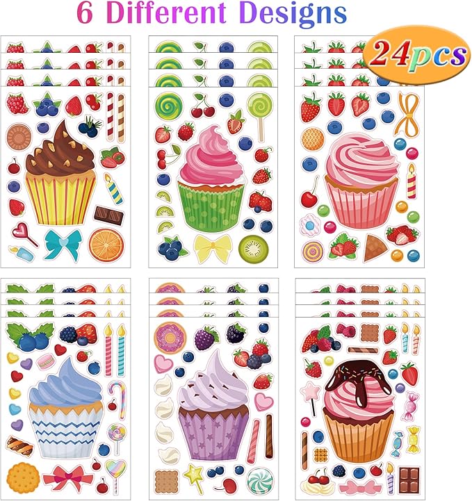 24 Sheets Cupcake Make a Face Sticker Sheets for Kids Todders Activities, Make Your Own Stickers for Kids Birthday Party Favor Supplies Craft